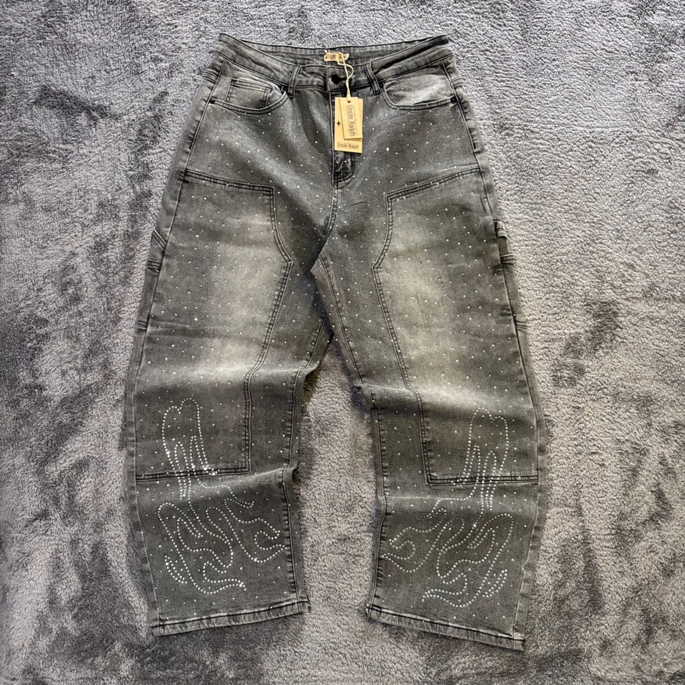 Uncle Ralph Rhinestone Flames Denim Baggy Jeans Grey Carpenter Pants 32 Stretchy